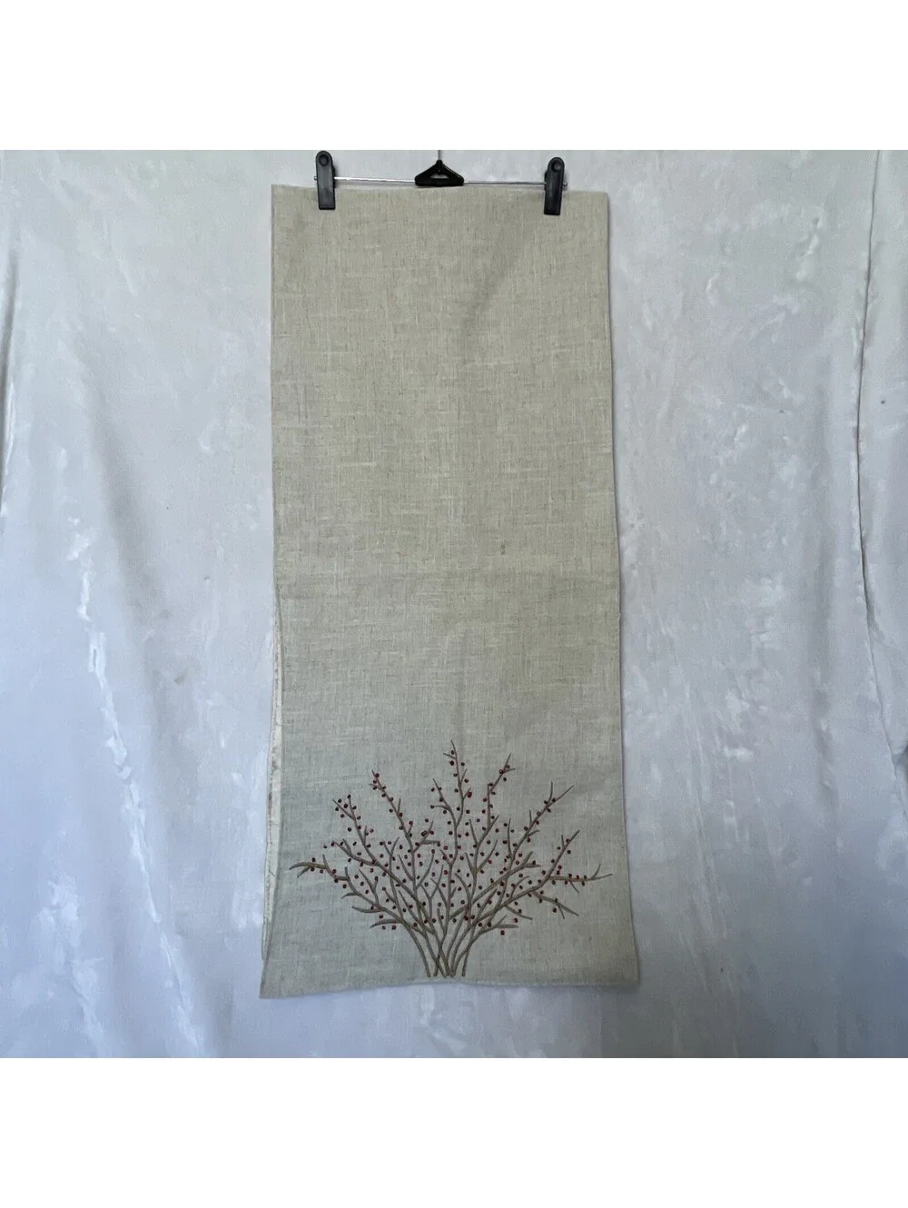 Linen Polyester Blend Natural Red Beaded Table Runner Autumn Holiday 70 Inches